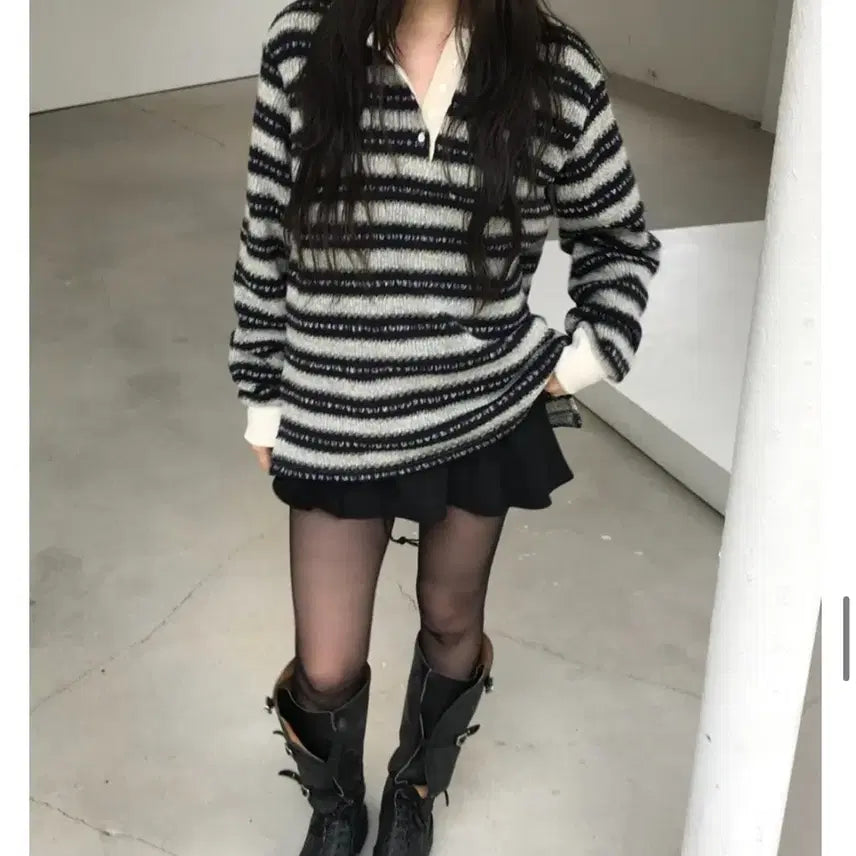 [BUNJANG] Nuse Buddy Stripe Collar Knit / 누즈 버디스트라이프카라니트 1회착