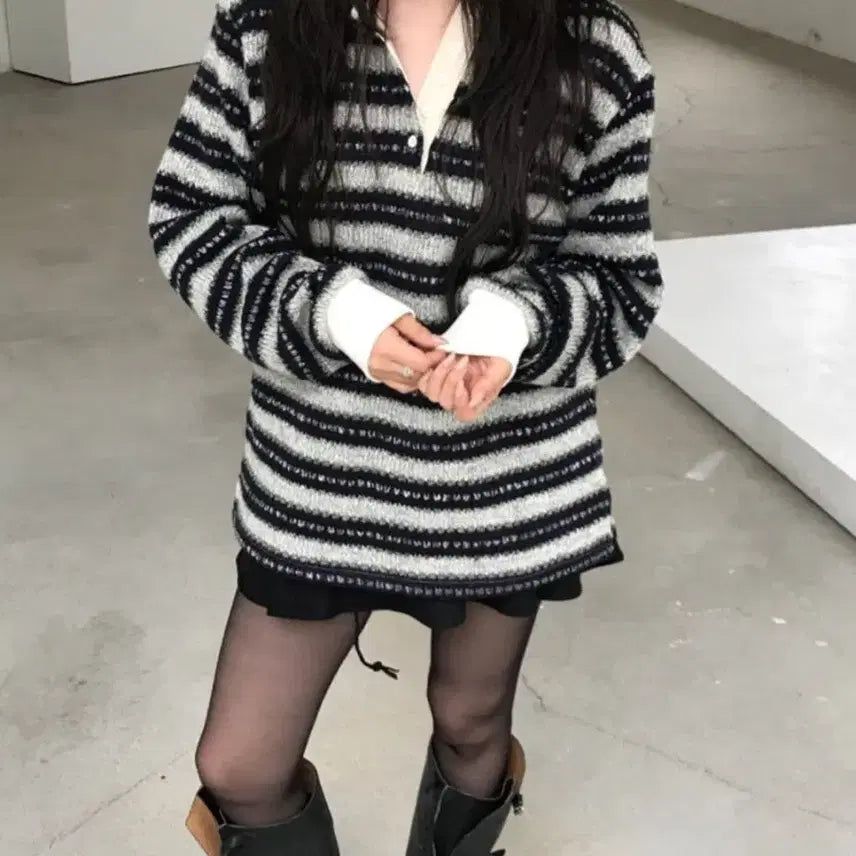 [BUNJANG] Nuse Buddy Stripe Collar Knit / 누즈 버디스트라이프카라니트 1회착