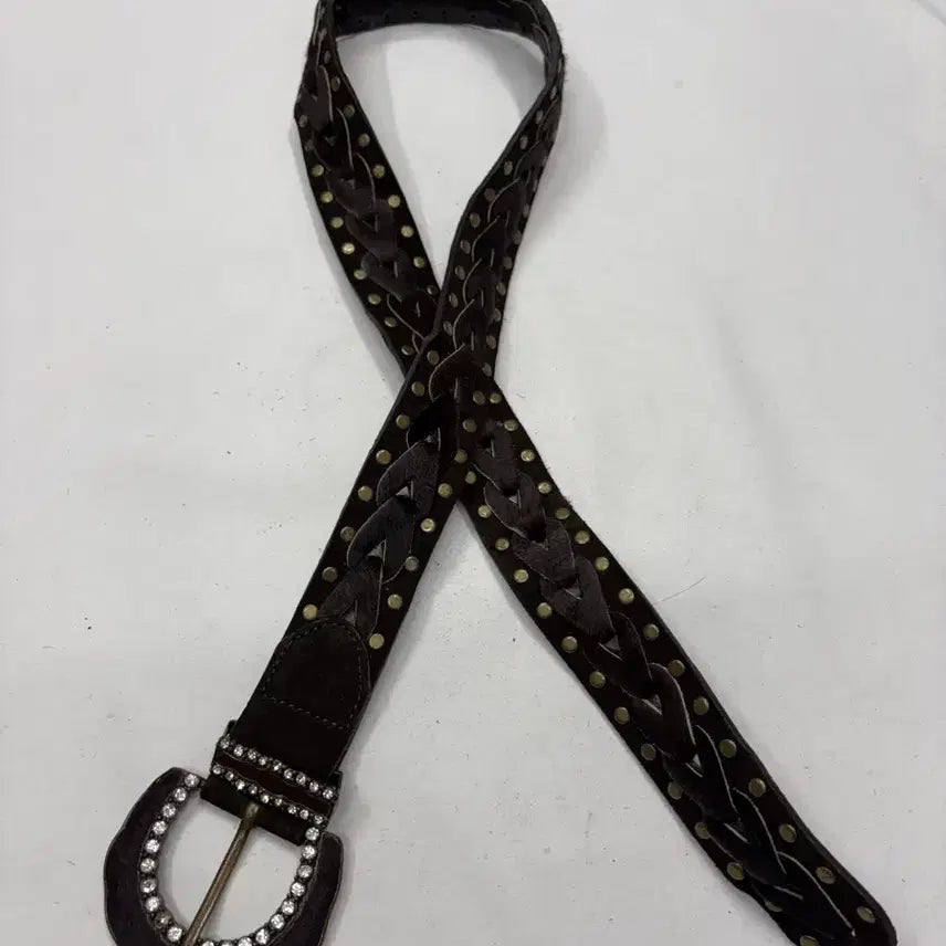 [BUNJANG] Vintage Western Brown Studded Braided Leather Belt / 빈티지 웨스턴 브라운 스터드 브레이드 레더 벨트