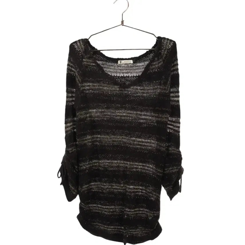 [BUNJANG] Vintage Black Striped Shirred Long Knit / 일본 빈티지 블랙 스트라이프 셔링 롱 니트