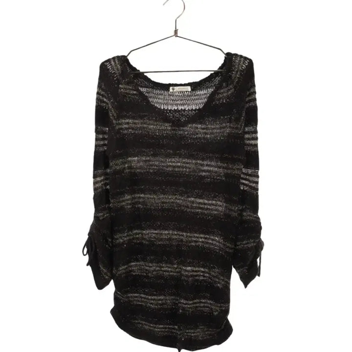 [BUNJANG] Vintage Black Striped Shirred Long Knit / 일본 빈티지 블랙 스트라이프 셔링 롱 니트