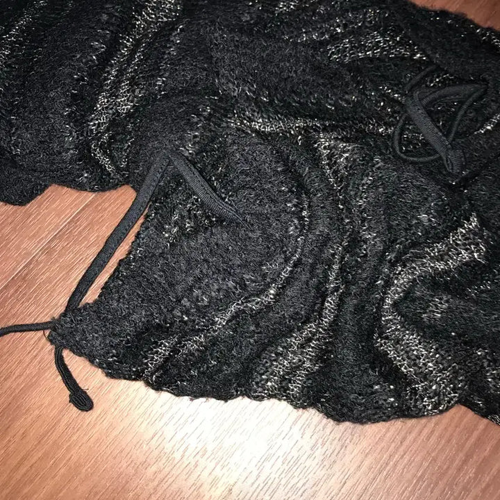 [BUNJANG] Vintage Black Striped Shirred Long Knit / 일본 빈티지 블랙 스트라이프 셔링 롱 니트