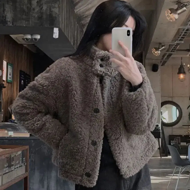 [BUNJANG] Teddy High Neck Fur Jacket Mocha Gray / 테디 하이넥 퍼자켓 모카 그레이