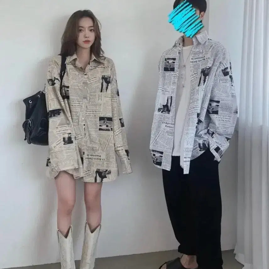 [BUNJANG] Pale Jade Oversized News Paper Shirt / 페일제이드 뉴스페이퍼 오버핏 셔츠
