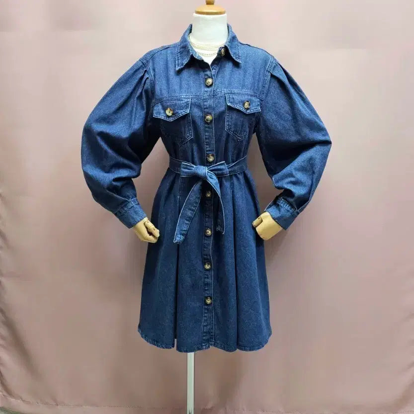 [BUNJANG] Raniakea Puff Denim Flare Dress Set / 라니아케아 퍼프 데님 플레어 원피스 제천끈 세트