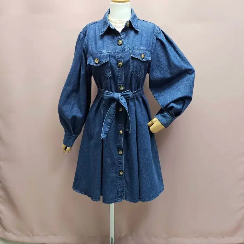 [BUNJANG] Raniakea Puff Denim Flare Dress Set / 라니아케아 퍼프 데님 플레어 원피스 제천끈 세트