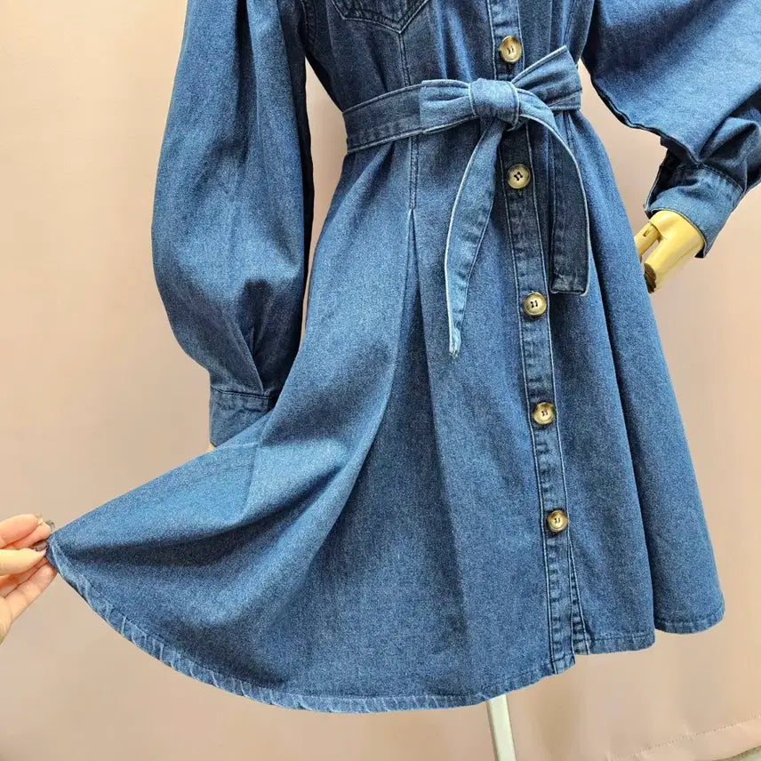 [BUNJANG] Raniakea Puff Denim Flare Dress Set / 라니아케아 퍼프 데님 플레어 원피스 제천끈 세트