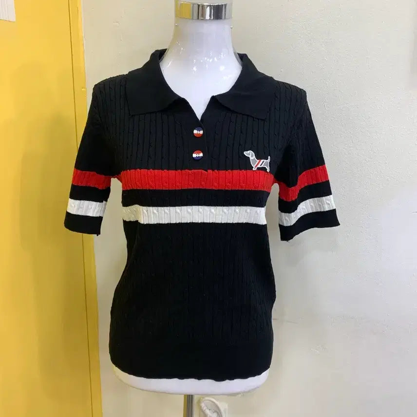 [BUNJANG] Black Three-Stripe Knit T-shirt / 블랙 삼선 니트 티셔츠