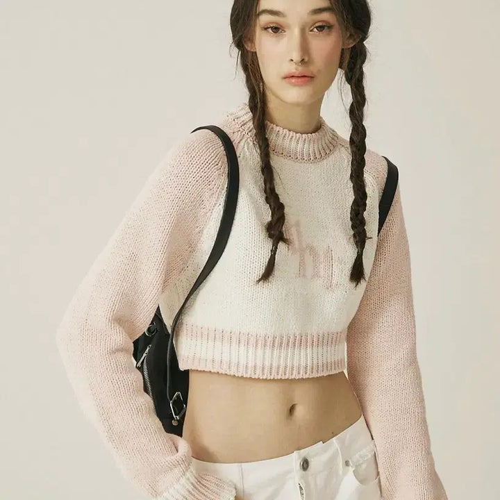 [BUNJANG] 3xTimes Jacquard Crop Knit Pink / 쓰리타임즈 자카드 크롭니트 핑크