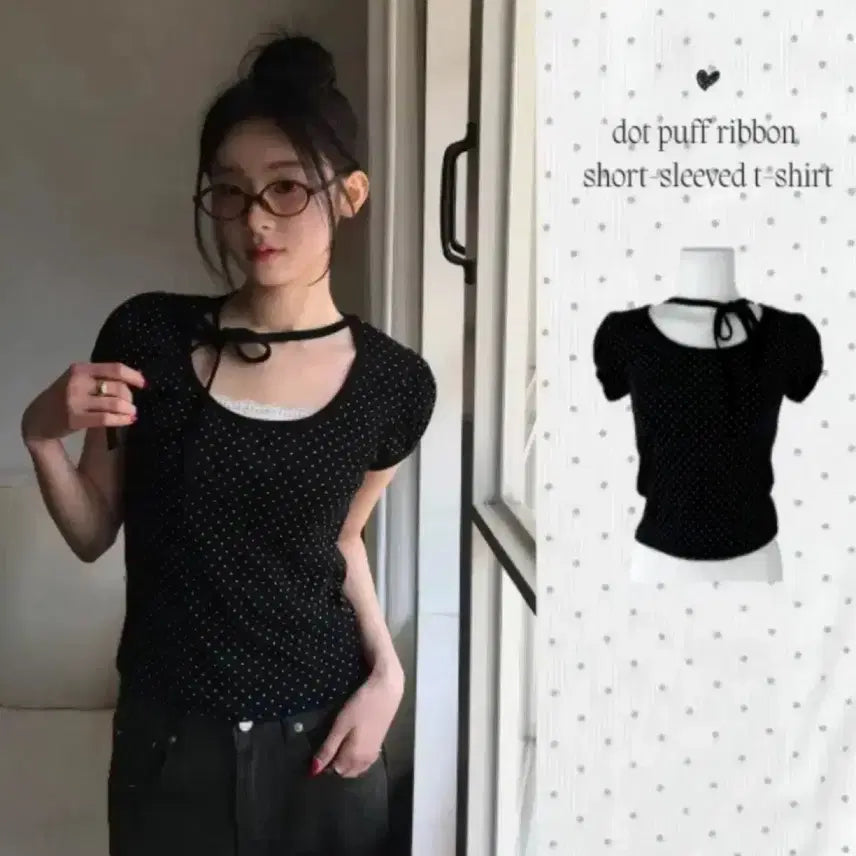 [BUNJANG] Ably Dot Choker Ribbon T-shirt / 에이블리 도트 초커 리본 티 반팔