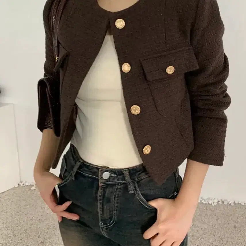 [BUNJANG] Tweed Crop Jacket Brown / 트위드 크롭 자켓 브라운 금장 버튼(정가 54,000원대/5회미만 착용)