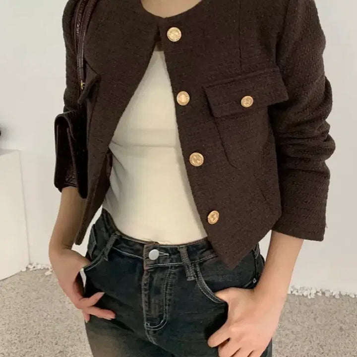 [BUNJANG] Tweed Crop Jacket Brown / 트위드 크롭 자켓 브라운 금장 버튼(정가 54,000원대/5회미만 착용)