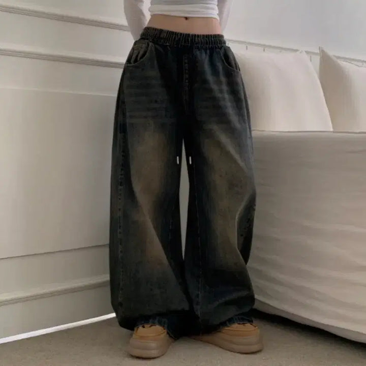 [BUNJANG] Vintage Balloon Fit Side Pleated Snap Two-Way Denim Pants / 빈티지 벌룬핏 사이드핀턱 스냅 투웨이 데님팬츠