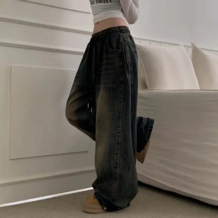 [BUNJANG] Vintage Balloon Fit Side Pleated Snap Two-Way Denim Pants / 빈티지 벌룬핏 사이드핀턱 스냅 투웨이 데님팬츠