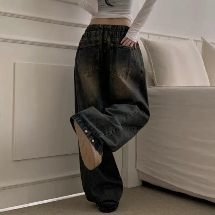 [BUNJANG] Vintage Balloon Fit Side Pleated Snap Two-Way Denim Pants / 빈티지 벌룬핏 사이드핀턱 스냅 투웨이 데님팬츠