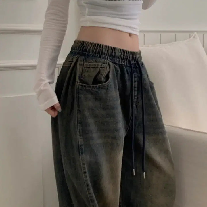 [BUNJANG] Vintage Balloon Fit Side Pleated Snap Two-Way Denim Pants / 빈티지 벌룬핏 사이드핀턱 스냅 투웨이 데님팬츠