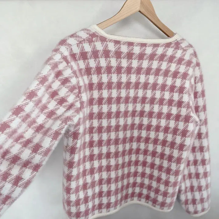 [BUNJANG] Pink Angora Check Jacket Cardigan / 핑크 앙고라 퍼 체크 자켓 가디건 (새상품)
