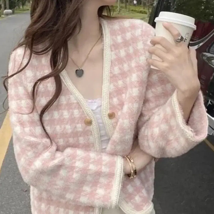 [BUNJANG] Pink Angora Check Jacket Cardigan / 핑크 앙고라 퍼 체크 자켓 가디건 (새상품)