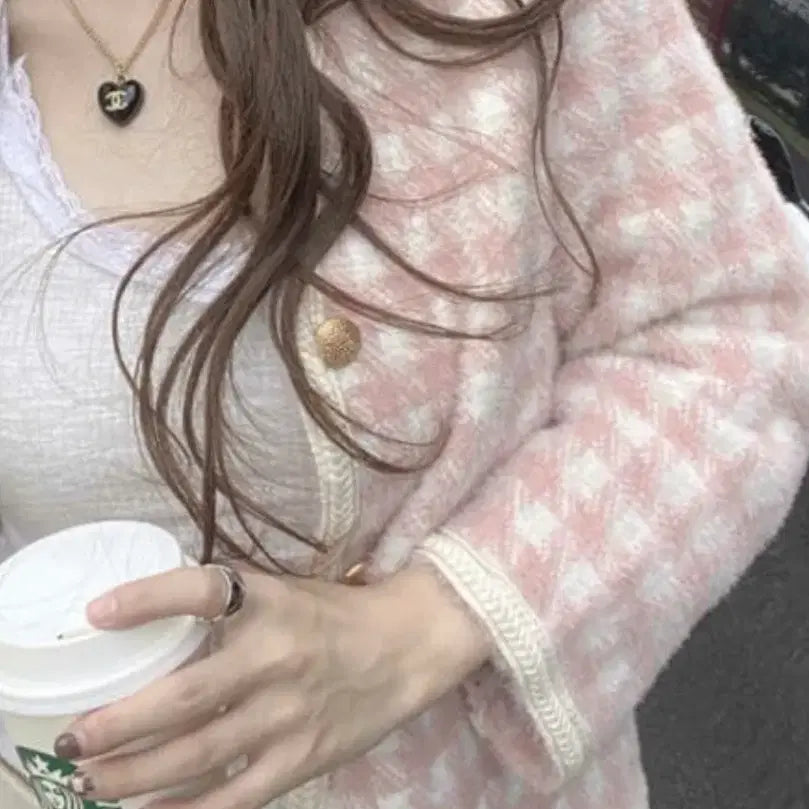 [BUNJANG] Pink Angora Check Jacket Cardigan / 핑크 앙고라 퍼 체크 자켓 가디건 (새상품)