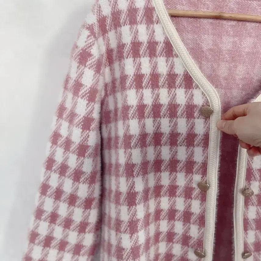 [BUNJANG] Pink Angora Check Jacket Cardigan / 핑크 앙고라 퍼 체크 자켓 가디건 (새상품)