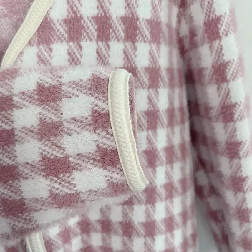[BUNJANG] Pink Angora Check Jacket Cardigan / 핑크 앙고라 퍼 체크 자켓 가디건 (새상품)