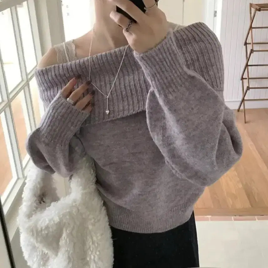 [BUNJANG] Mini Poe Off-Shoulder Knit Lavender Top / 미니포에 로아 오프숄더 니트 라벤더
