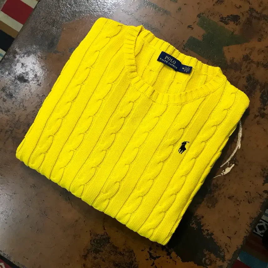 [BUNJANG] Polo Ralph Lauren Cable Knit Sweater / 폴로랄프로렌 옐로 코튼 케이블 니트 꽈배기 스웨터 여성 55 66