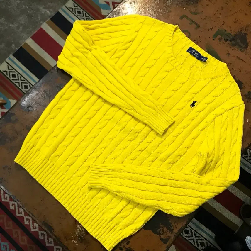 [BUNJANG] Polo Ralph Lauren Cable Knit Sweater / 폴로랄프로렌 옐로 코튼 케이블 니트 꽈배기 스웨터 여성 55 66