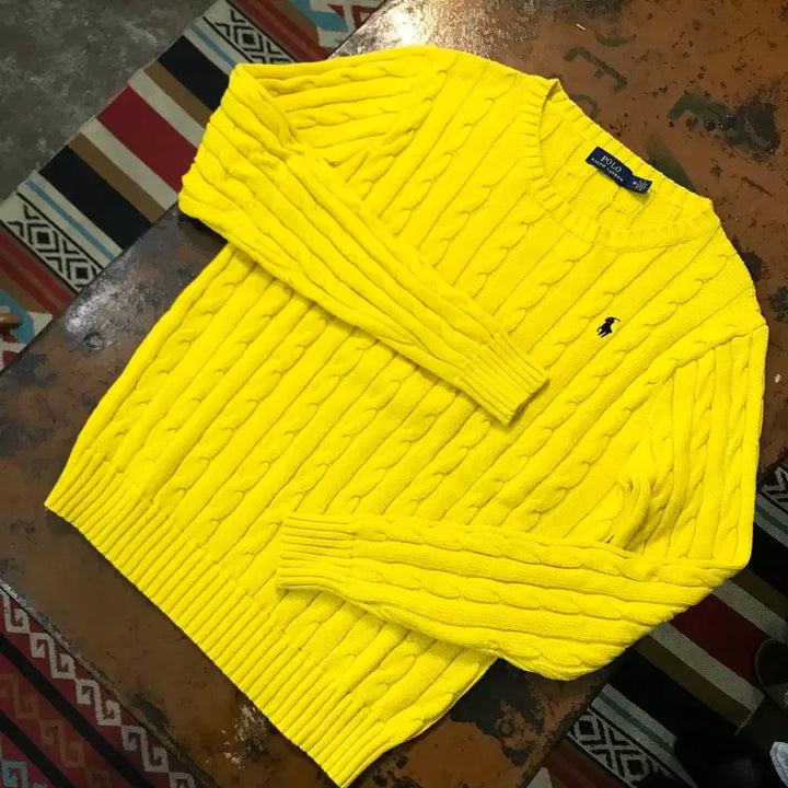 [BUNJANG] Polo Ralph Lauren Cable Knit Sweater / 폴로랄프로렌 옐로 코튼 케이블 니트 꽈배기 스웨터 여성 55 66