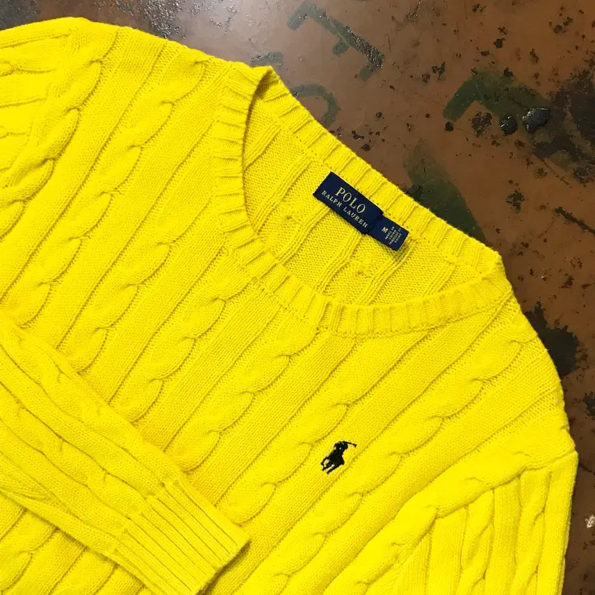 [BUNJANG] Polo Ralph Lauren Cable Knit Sweater / 폴로랄프로렌 옐로 코튼 케이블 니트 꽈배기 스웨터 여성 55 66