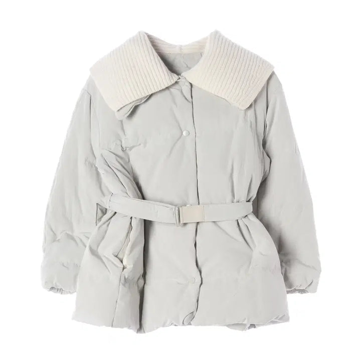 [BUNJANG] SJSJ 21FW Belted Detachable Knit Collar Goose Down Short Padding / 에스제이에스제이 21FW 벨티드 디테쳐블 니트 카라 구스 다운 숏 패딩