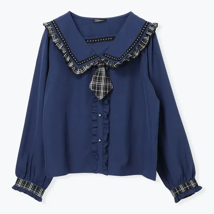 [BUNJANG] NOEMIE Check Frill Mini Sailor Blouse / 노에미 NOEMIE 체크 프릴 미니 넥타이 세일러 블라우스