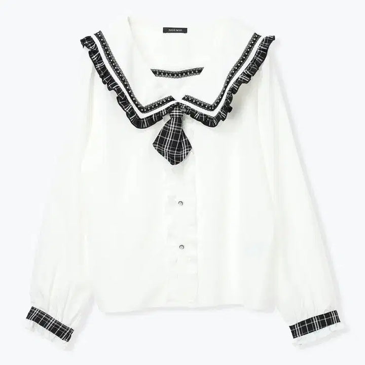 [BUNJANG] NOEMIE Check Frill Mini Sailor Blouse / 노에미 NOEMIE 체크 프릴 미니 넥타이 세일러 블라우스