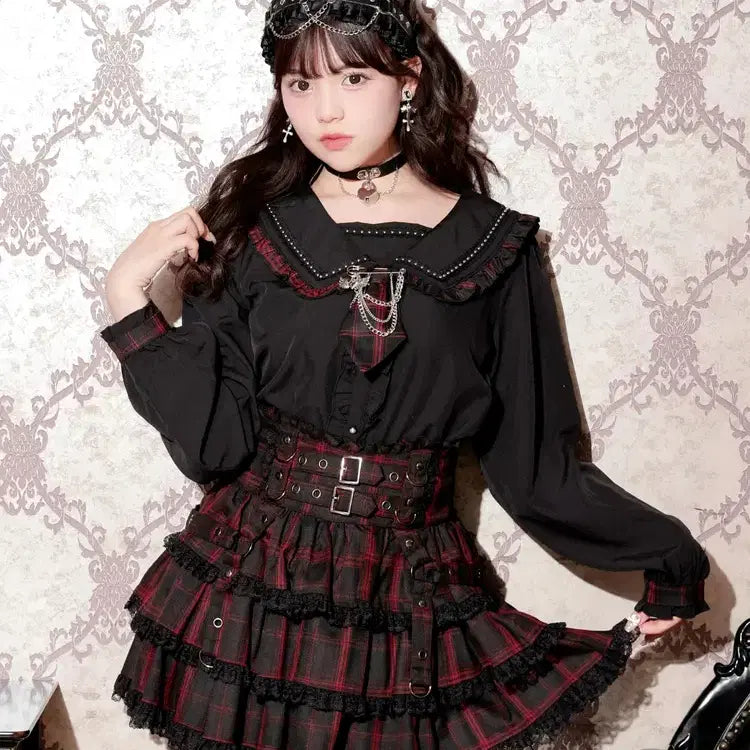 [BUNJANG] NOEMIE Check Frill Mini Sailor Blouse / 노에미 NOEMIE 체크 프릴 미니 넥타이 세일러 블라우스