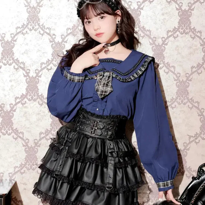 [BUNJANG] NOEMIE Check Frill Mini Sailor Blouse / 노에미 NOEMIE 체크 프릴 미니 넥타이 세일러 블라우스