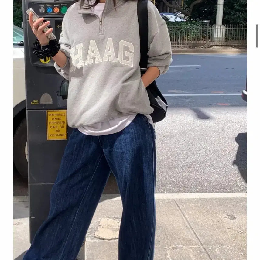 [BUNJANG] Haag Gray Logo Half Zip-Up / Haag 헤이그 회색 그레이 로고 하프 집업 반집업