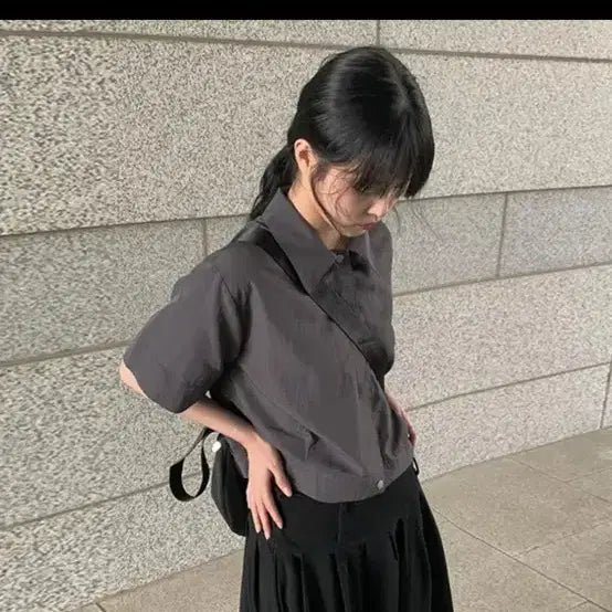 [BUNJANG] One More Nylon Charcoal Short Sleeve Shirt Jacket / 애니원모어 비쥬 나일론 차콜 반팔 셔츠 자켓