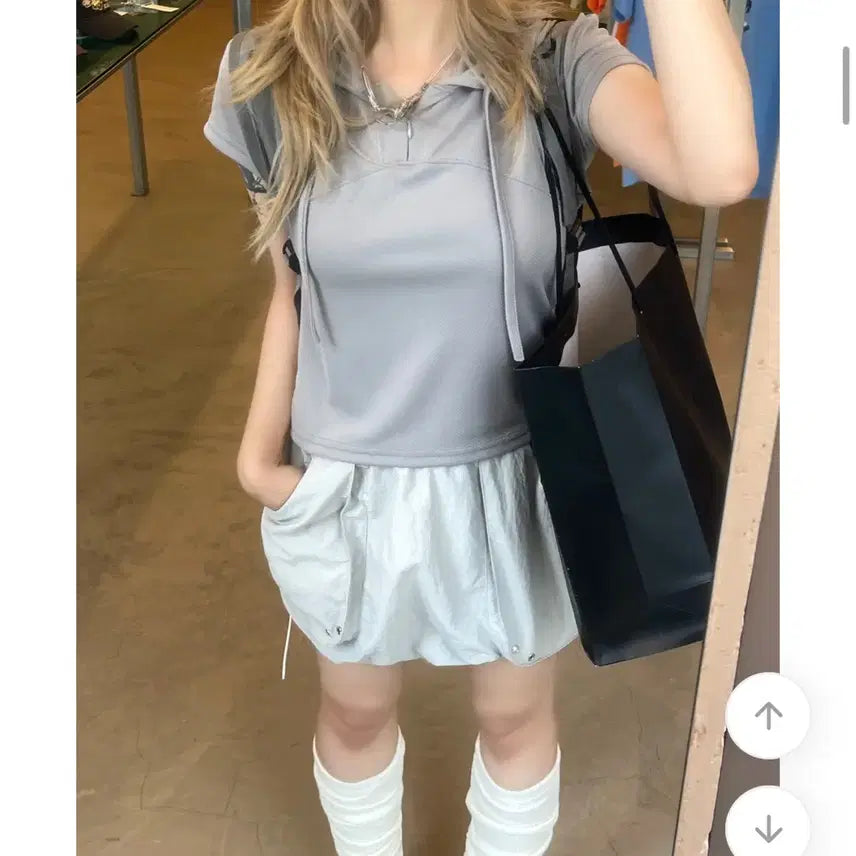 [BUNJANG] Gorpcore Cool Mesh Puff Short Sleeve Hoodie Gray / 고프코어 쿨메쉬 퍼프 반팔 후드 티셔츠 그레이