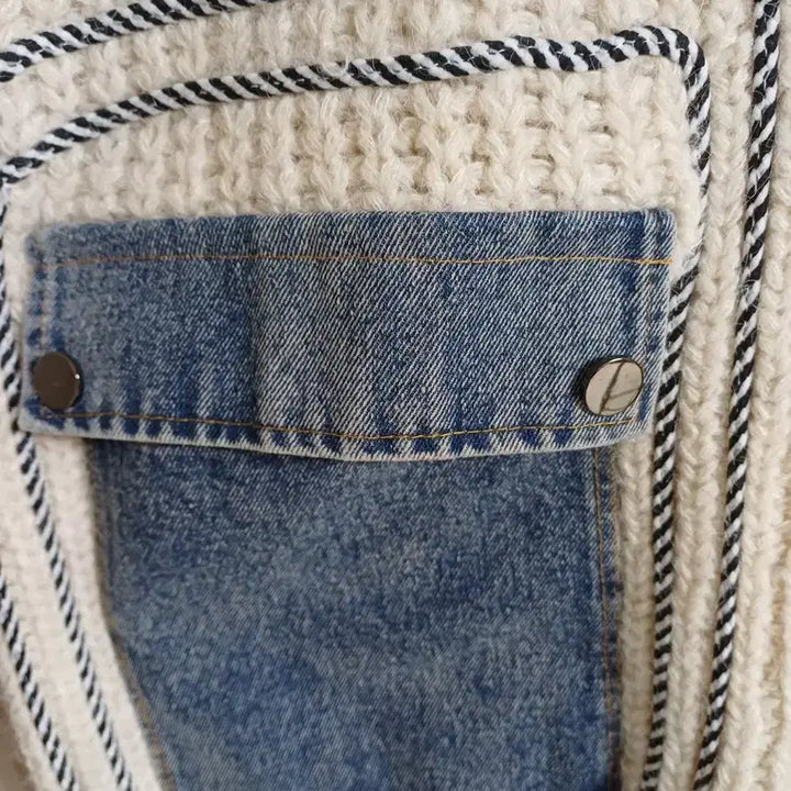 [BUNJANG] Ivory Knit Vest with Denim Pockets / 아이보리 털니트 데님 포켓 조끼
