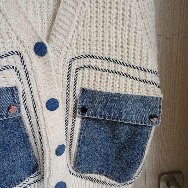 [BUNJANG] Ivory Knit Vest with Denim Pockets / 아이보리 털니트 데님 포켓 조끼