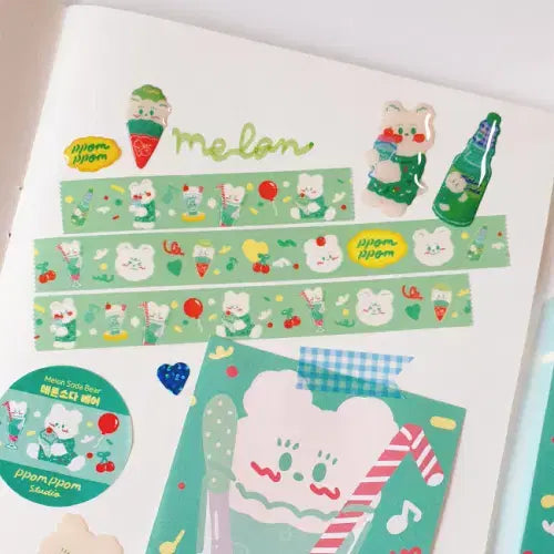 [BUNJANG] Ppomppom Studio Melon Soda Bear Washi Tape / 뽐뽐스튜디오 메론소다 베어 마테