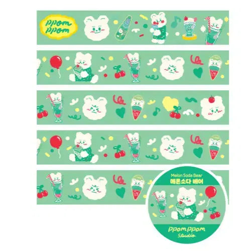 [BUNJANG] Ppomppom Studio Melon Soda Bear Washi Tape / 뽐뽐스튜디오 메론소다 베어 마테