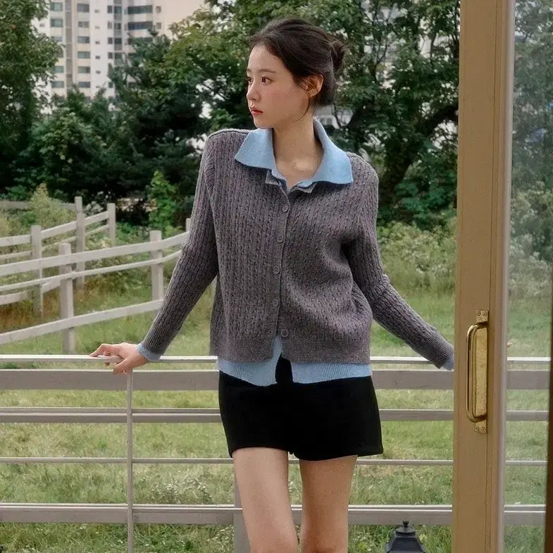 [BUNJANG] Attrangs Moldito Color Block Layered Cable Knit Cardigan / 아뜨랑스 새제품. 몰디토 카라 배색 레이어드 케이블니트 가디건