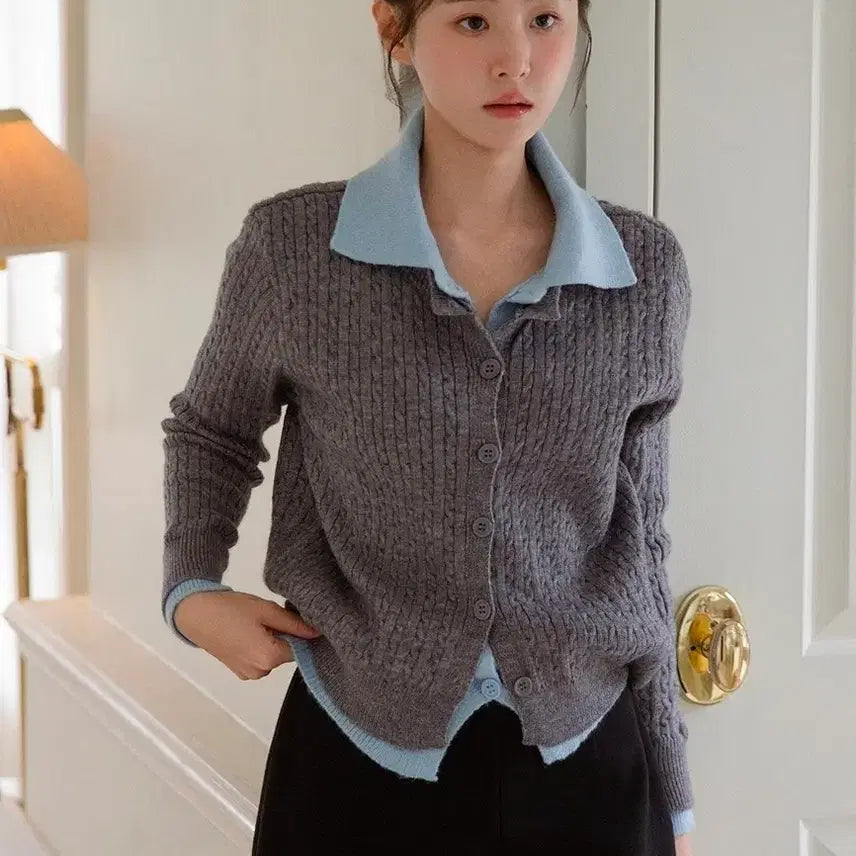 [BUNJANG] Attrangs Moldito Color Block Layered Cable Knit Cardigan / 아뜨랑스 새제품. 몰디토 카라 배색 레이어드 케이블니트 가디건