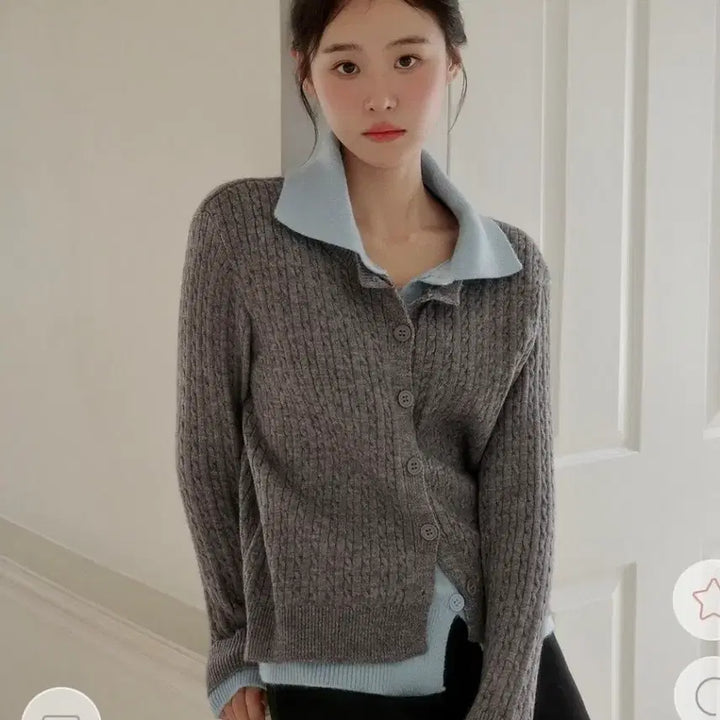 [BUNJANG] Attrangs Moldito Color Block Layered Cable Knit Cardigan / 아뜨랑스 새제품. 몰디토 카라 배색 레이어드 케이블니트 가디건