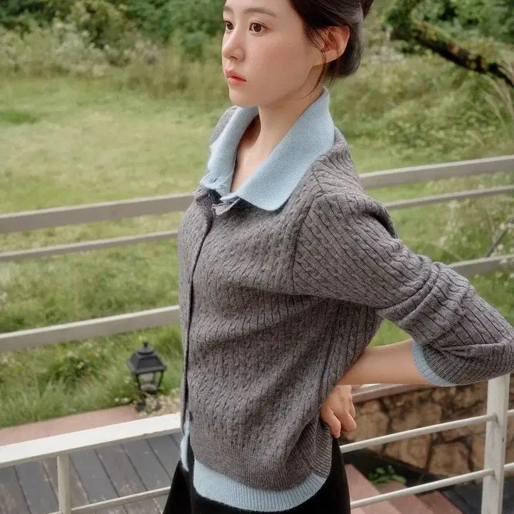 [BUNJANG] Attrangs Moldito Color Block Layered Cable Knit Cardigan / 아뜨랑스 새제품. 몰디토 카라 배색 레이어드 케이블니트 가디건