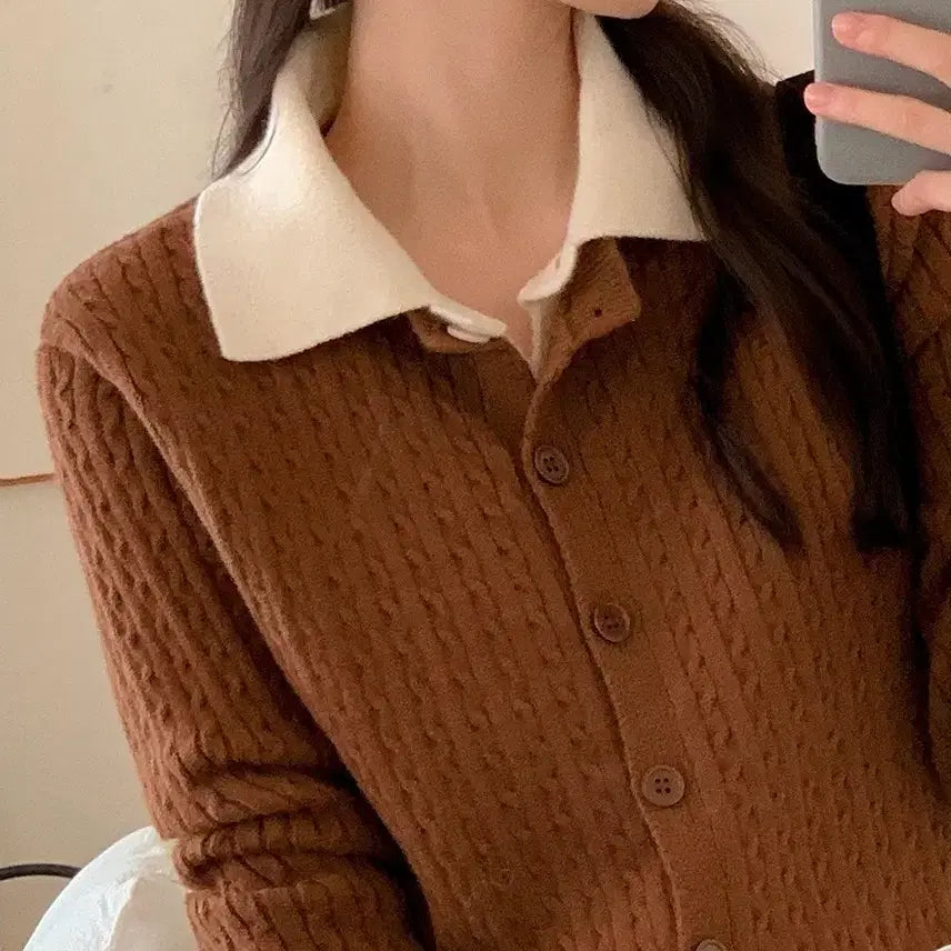 [BUNJANG] Attrangs Moldito Color Block Layered Cable Knit Cardigan / 아뜨랑스 새제품. 몰디토 카라 배색 레이어드 케이블니트 가디건