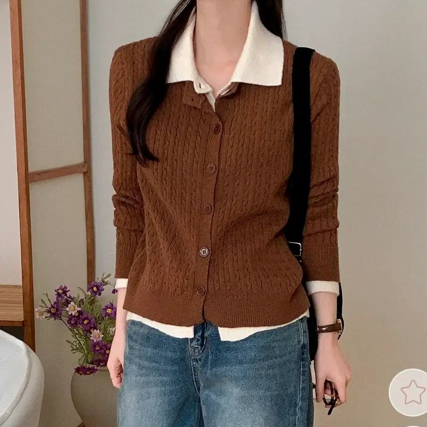 [BUNJANG] Attrangs Moldito Color Block Layered Cable Knit Cardigan / 아뜨랑스 새제품. 몰디토 카라 배색 레이어드 케이블니트 가디건