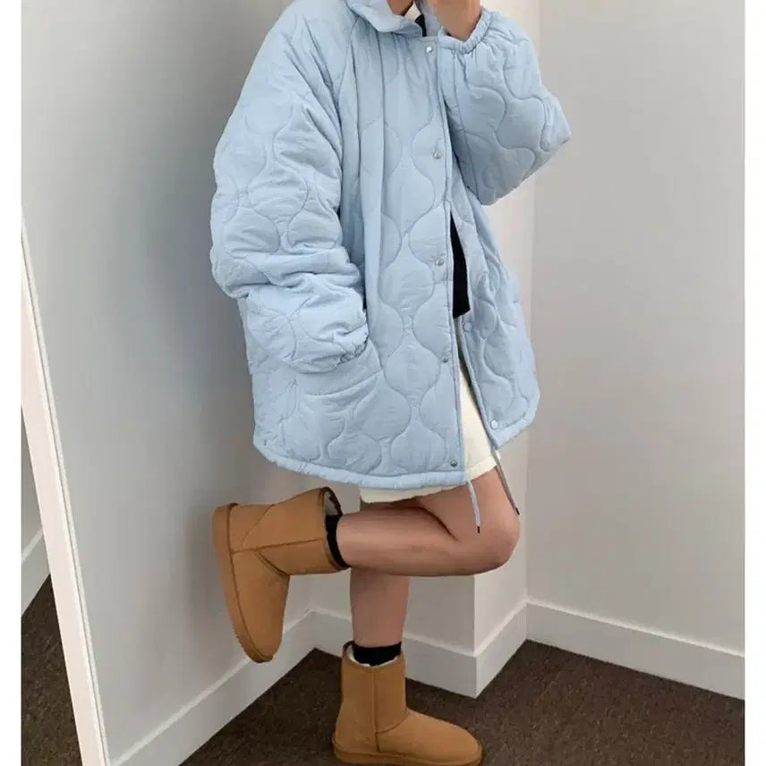 [BUNJANG] Sky Blue Quilted Fur Jacket / 거의 새상품 하늘색 퀼팅 퍼 자켓 88-110 F사이즈