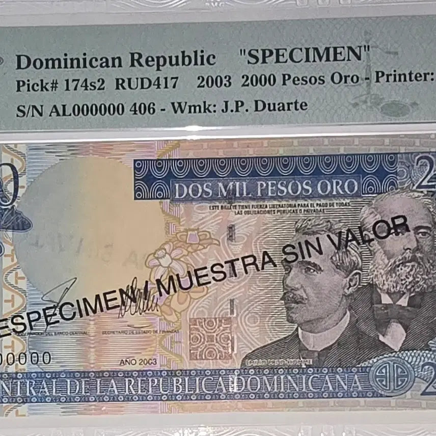 [BUNJANG] Dominican Republic 2003 2000 Pesos Specimen Banknote PMG66 EPQ / 도미니카 공화극 2003년 PMG66 epq 2천 폐소 견본권